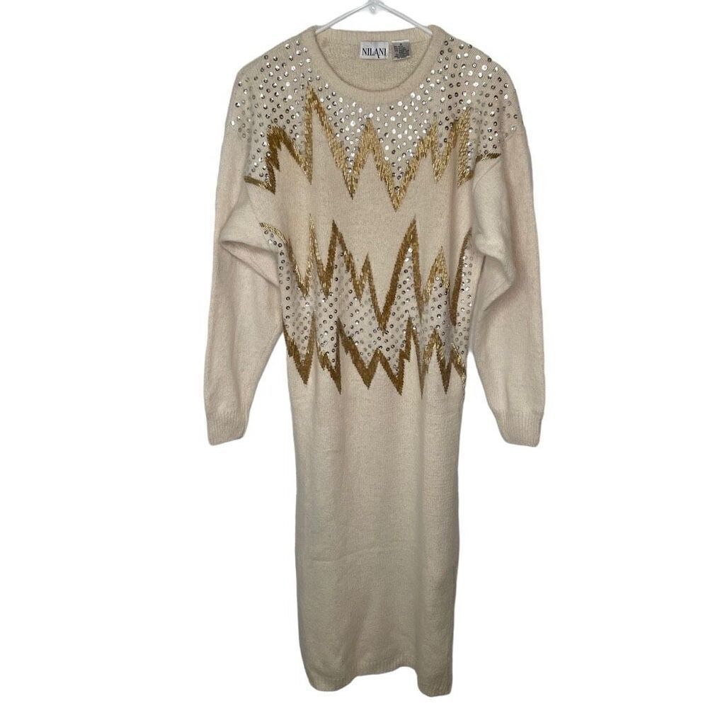 Vtg Nilani Womens Sweater Midi Dress S Ivory Silk Blend Long Sleeve Sequin 80s